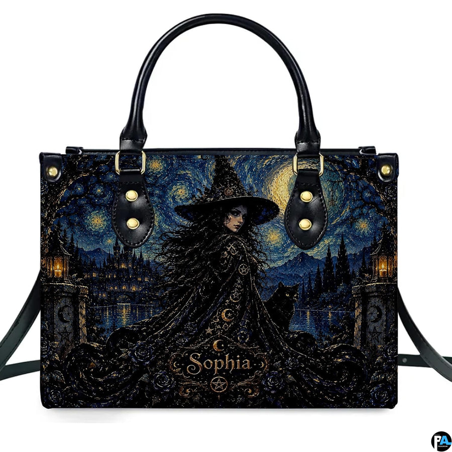 Gothic witch crystal ball raven handbag displayed alone on white background.