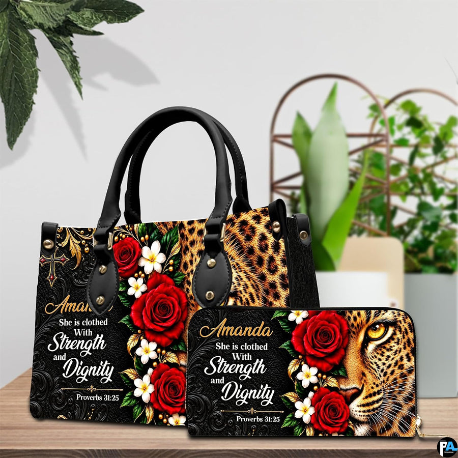 Christian leopard handbag and wallet displayed on wooden table beside potted plant.
