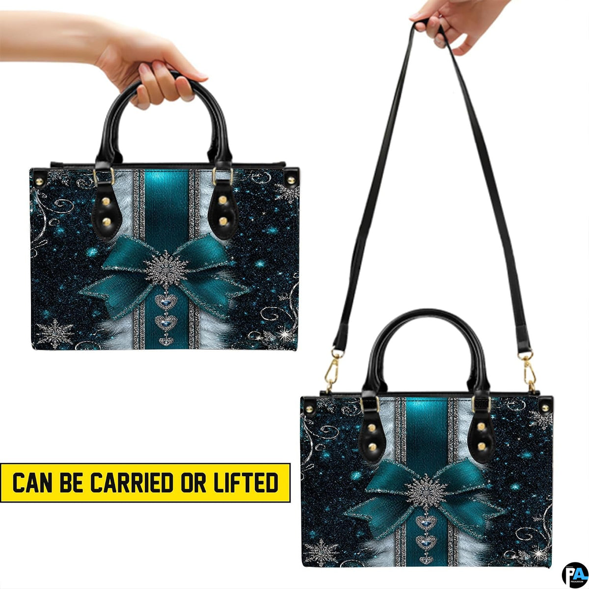 Dual display showing handheld carrying and shoulder wear for teal snowflake handbag.