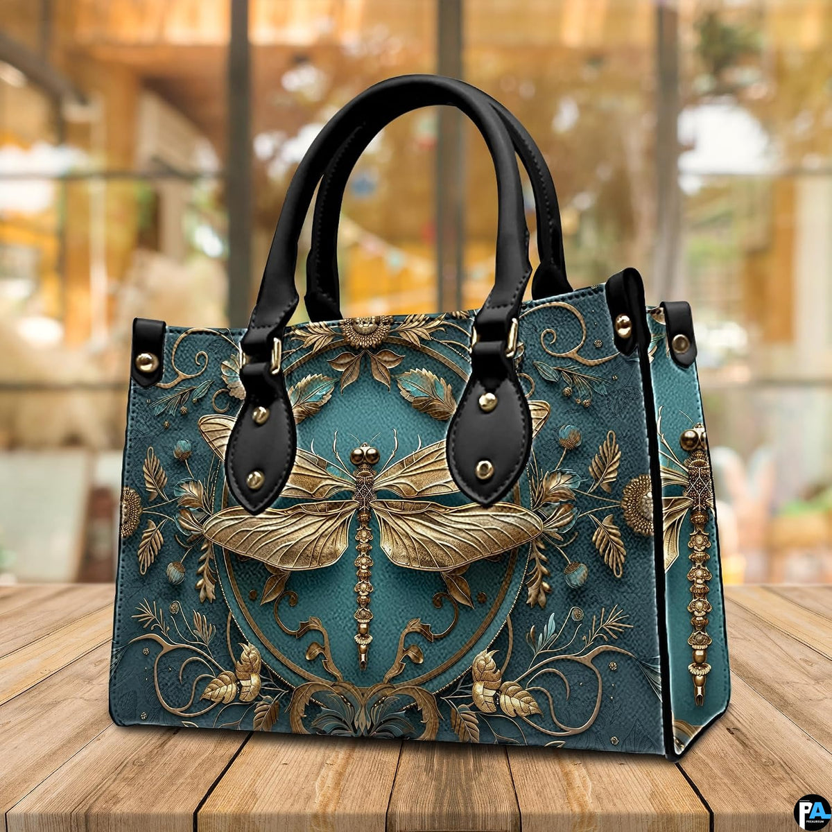 Angled perspective view of gold dragonfly handbag resting on a rustic wooden tabletop near a window