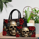 Golden skull handbag displayed on wooden tabletop in front of sunlit windows.
