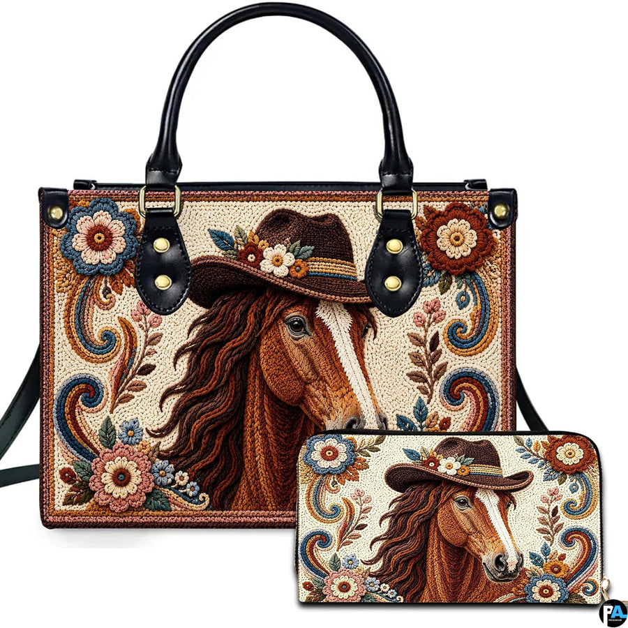 Cowboy hat horse art accessory displayed beside companion piece on white surface showing western equine illustration.