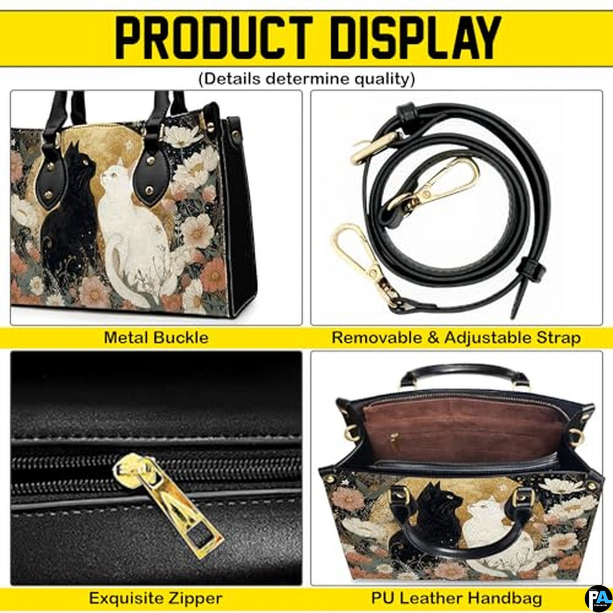Black Cat Leather Bag – Vintage Cat Art Handbag, Stylish Animal-Themed Purse, Unique Gift for Cat Lovers