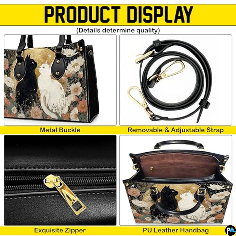 Black Cat Leather Bag – Vintage Cat Art Handbag, Stylish Animal-Themed Purse, Unique Gift for Cat Lovers