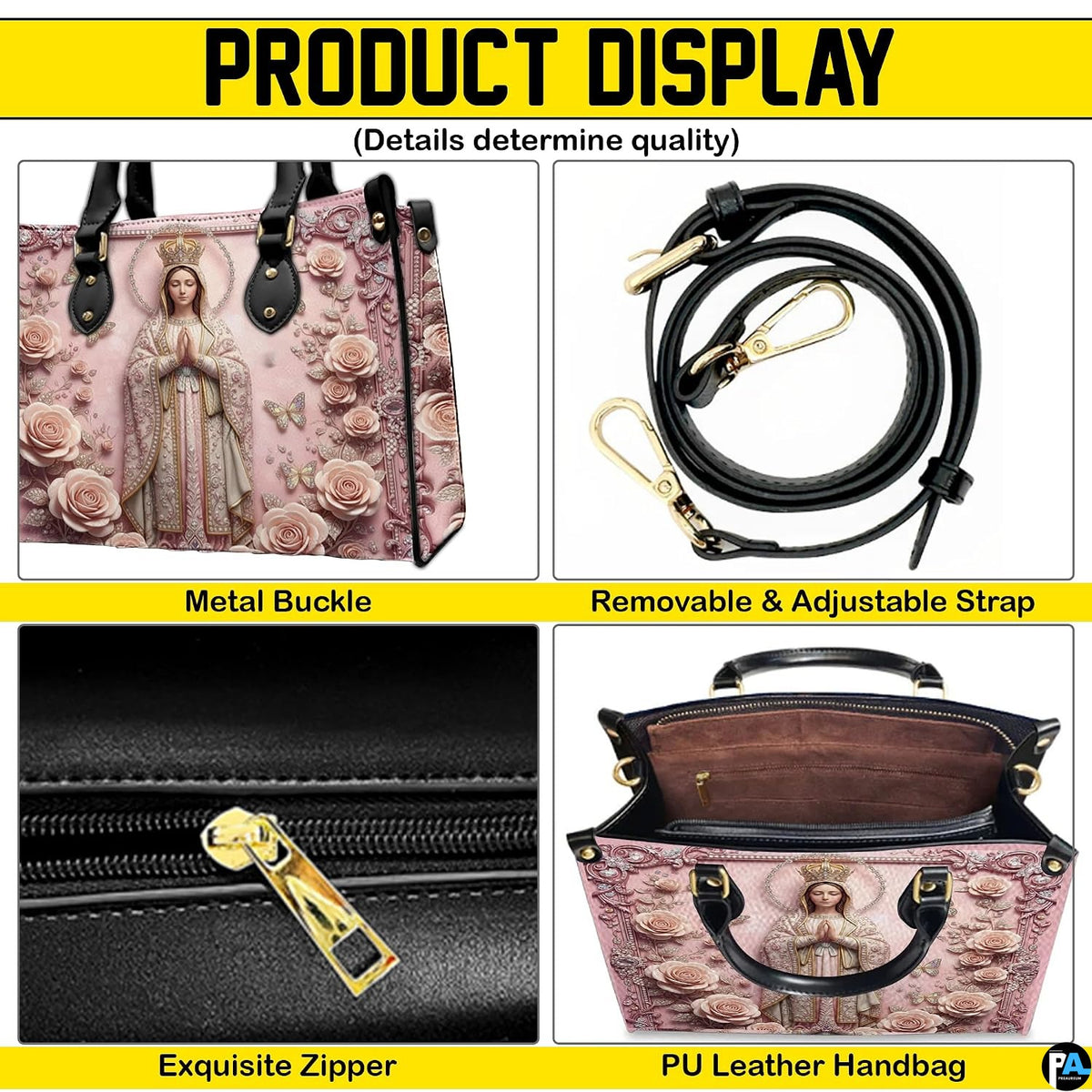 Back view of Madonna handbag featuring blush pink ornate floral patterning