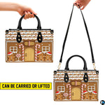 Graphic showing dual carrying options for gingerbread house handbag by top handle and over shoulder.