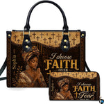 Handbag and matching wallet with praying woman portrait and cross motifs