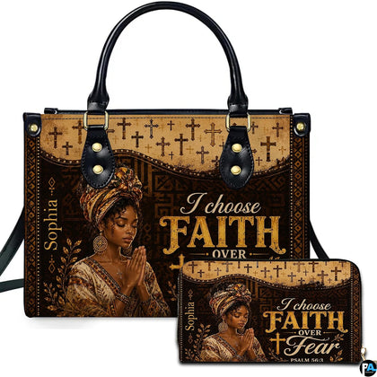 Handbag and matching wallet with praying woman portrait and cross motifs