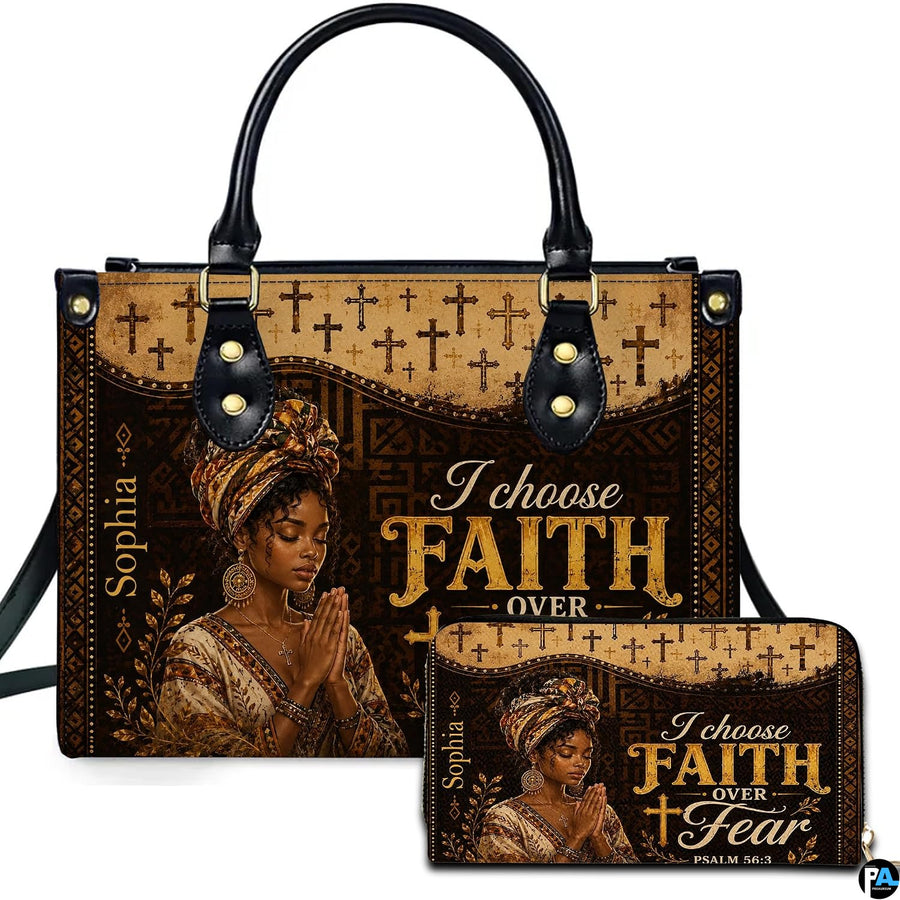 Handbag and matching wallet with praying woman portrait and cross motifs