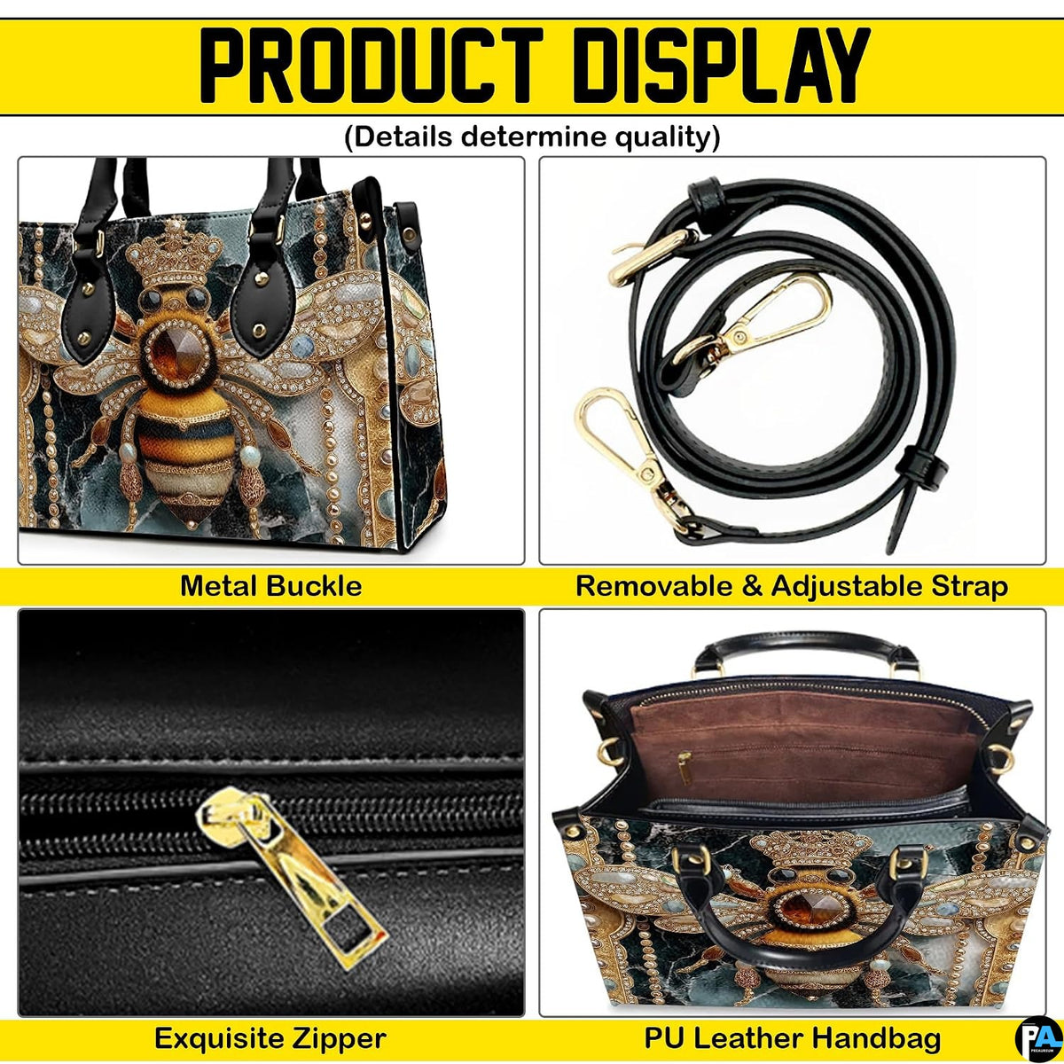 Top-down view displaying the interior compartment and black carrying handles of the handbag.
