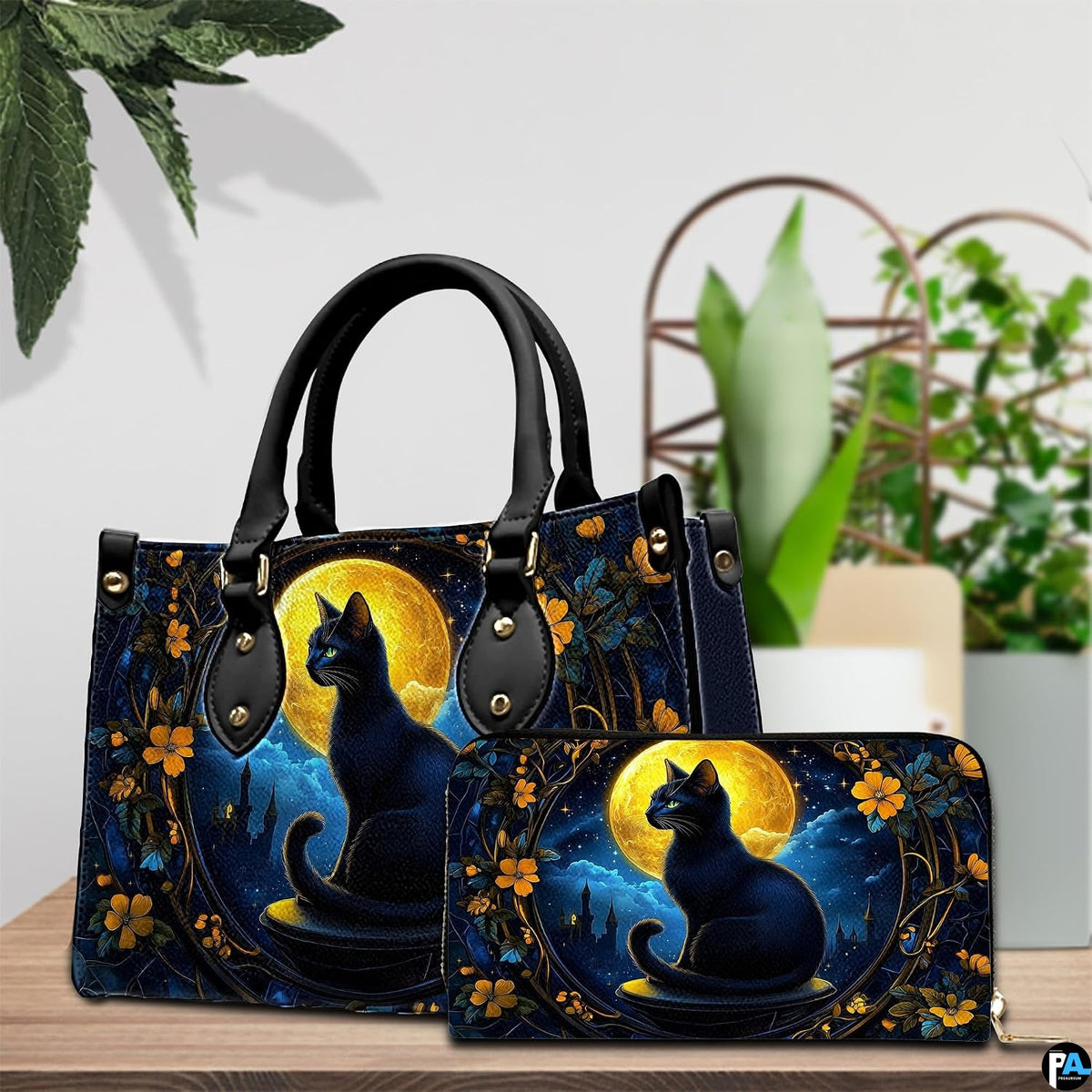 Indoor scene presenting gothic black cat artwork and companion accessory beside potted plants.