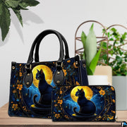 Indoor scene presenting gothic black cat artwork and companion accessory beside potted plants.