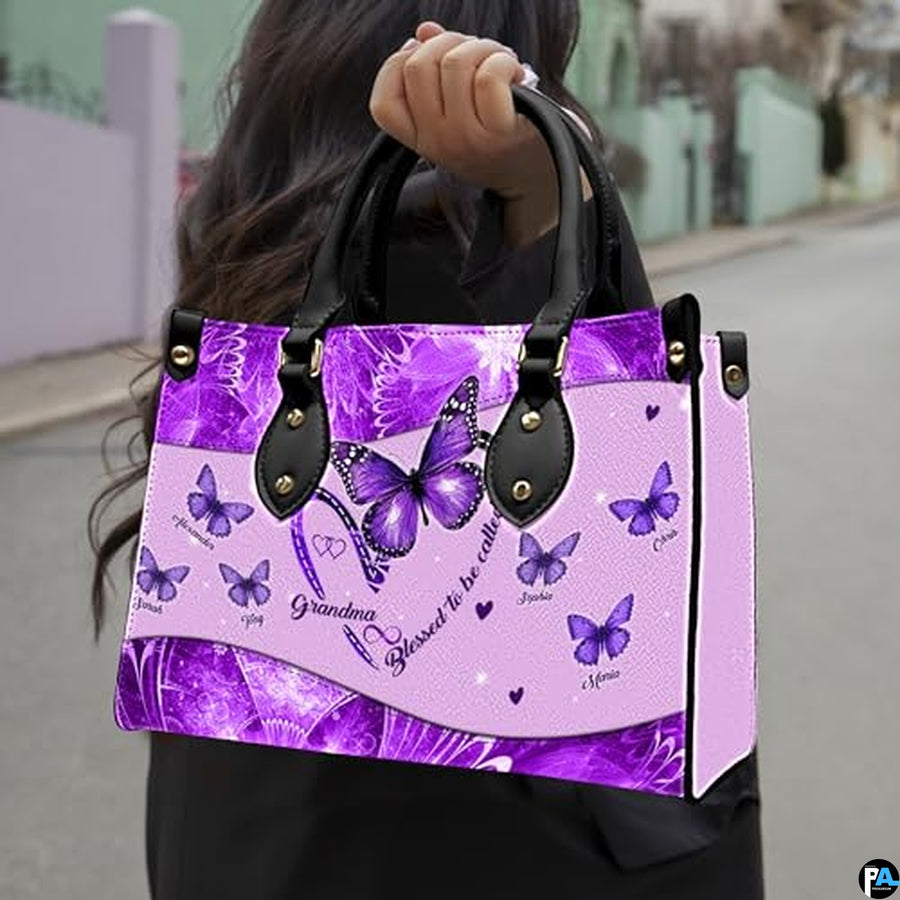 Mothers Day Gift Leather Bag- Personalized Grandmas Purse With Grandkids Names, Grandma Handbag Birthday Gifts For Mom Women