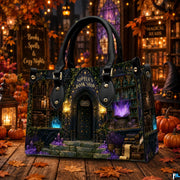 Perspective view of mystical bookshop facade with glowing golden lanterns and stone archway.