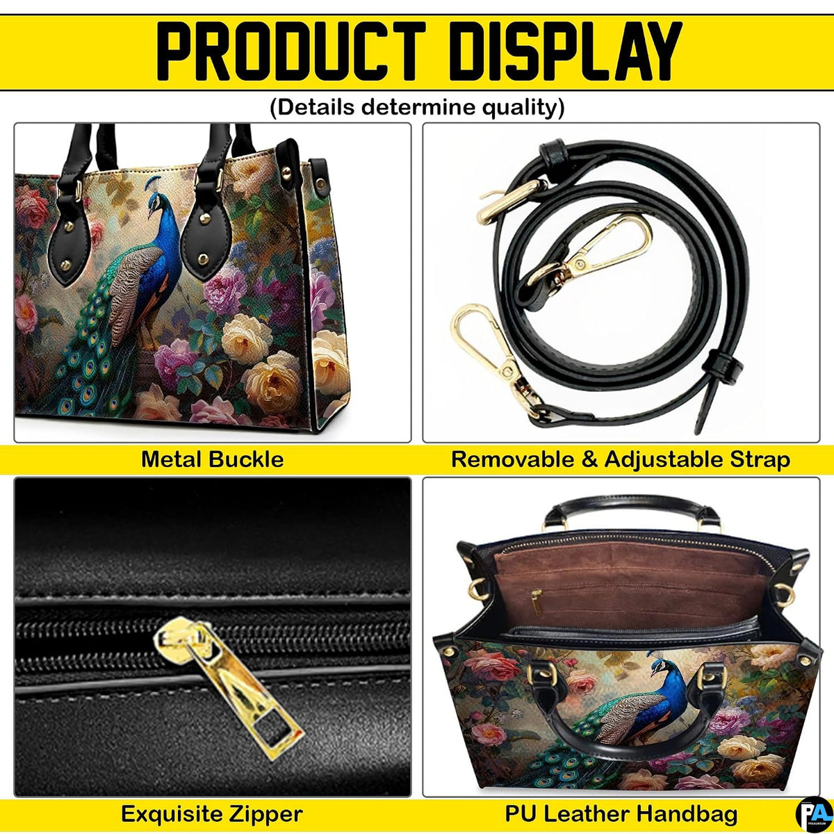 Peacock floral handbag feature collage with hardware and zipper details