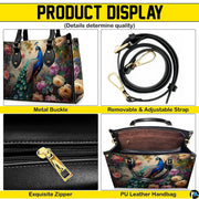 Peacock floral handbag feature collage with hardware and zipper details