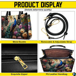Peacock floral handbag feature collage with hardware and zipper details