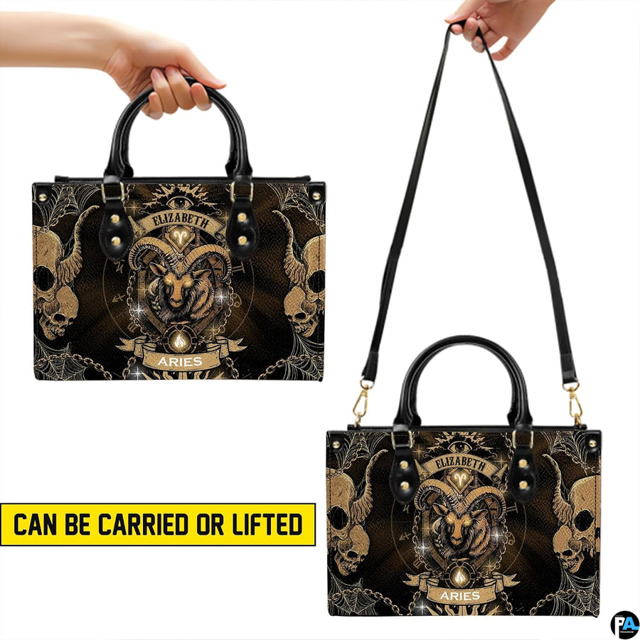 Carrying options demonstrated for the Gothic Ram Zodiac Handbag showing top handle and shoulder wear.