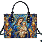 Interior view of stained glass Madonna handbag showing spacious lining and compartment layout