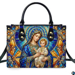 Interior view of stained glass Madonna handbag showing spacious lining and compartment layout