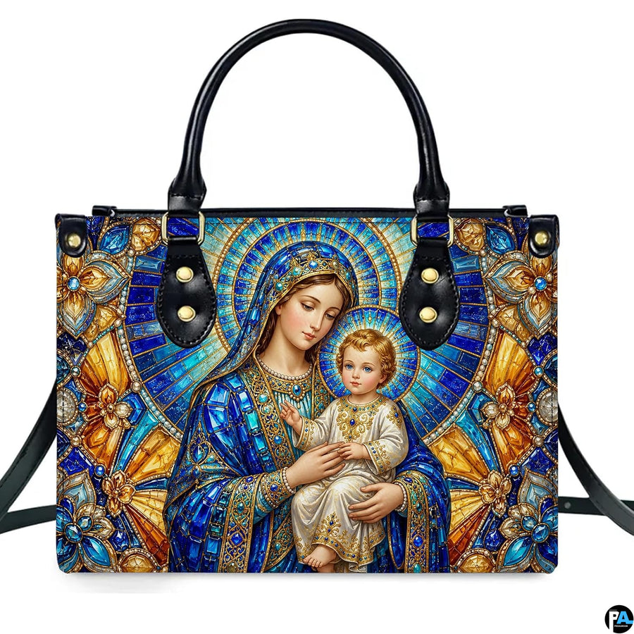 Interior view of stained glass Madonna handbag showing spacious lining and compartment layout
