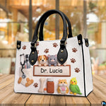 Side profile view of veterinary handbag highlighting slim structured depth