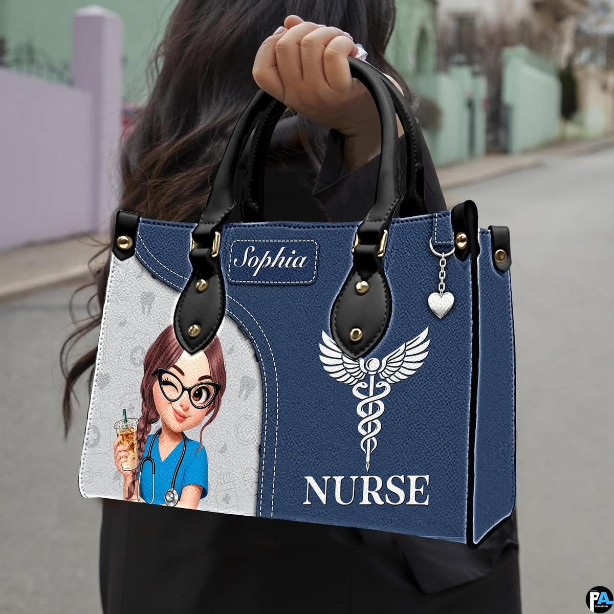 Chibi winking nurse handbag carried outdoors showing visual scale against street setting.