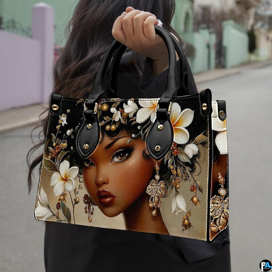Outdoor lifestyle perspective displaying the Afrocentric plumeria floral art design in natural daylight.