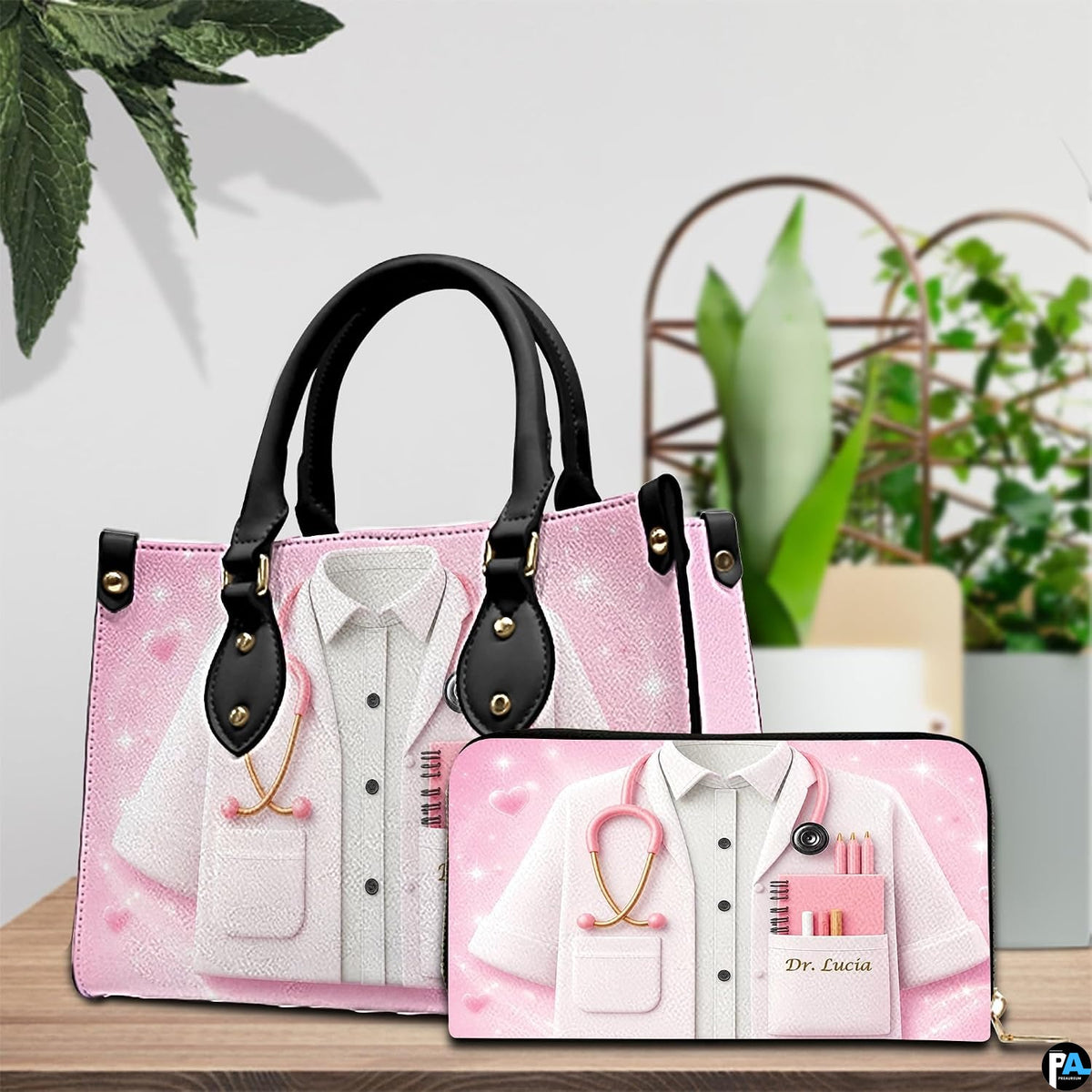 Side profile view of pink doctor handbag highlighting slim structured depth