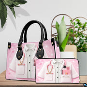 Side profile view of pink doctor handbag highlighting slim structured depth
