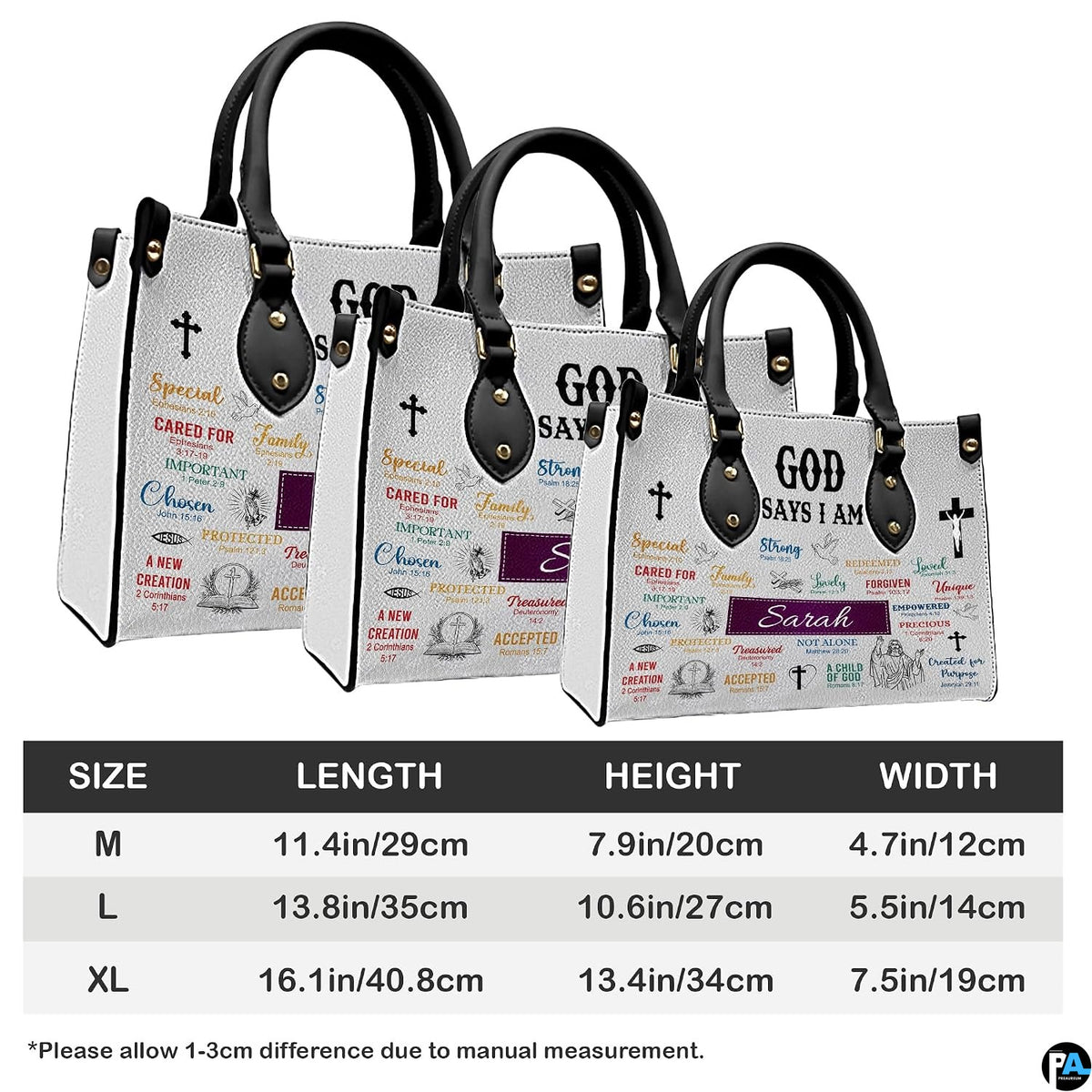 Size comparison chart showing three dimensions for scripture affirmation handbag.
