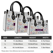 Size comparison chart showing three dimensions for scripture affirmation handbag.