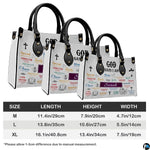 Size comparison chart showing three dimensions for scripture affirmation handbag.