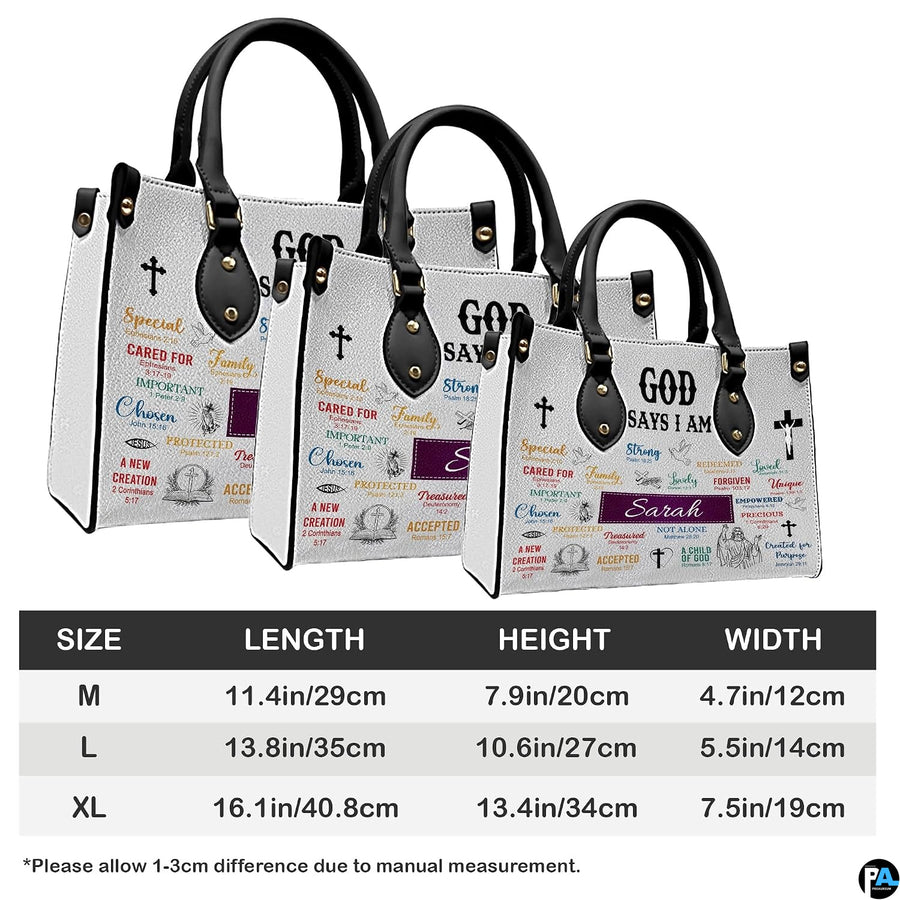 Size comparison chart showing three dimensions for scripture affirmation handbag.
