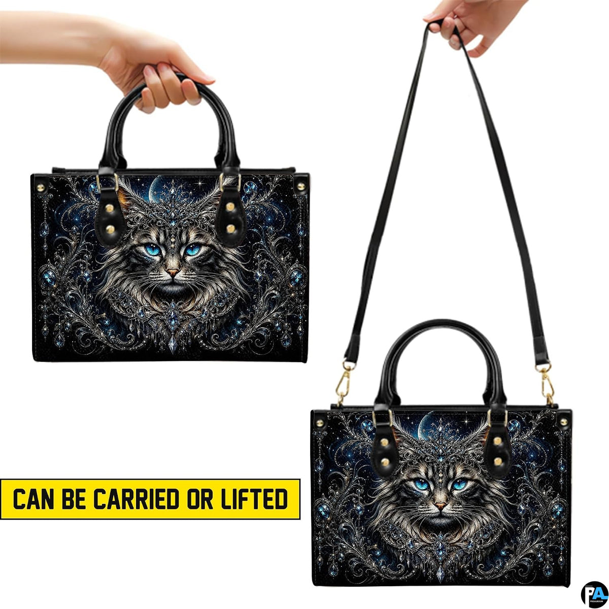 Visual graphic demonstrating dual elevated holding methods for the feline design.
