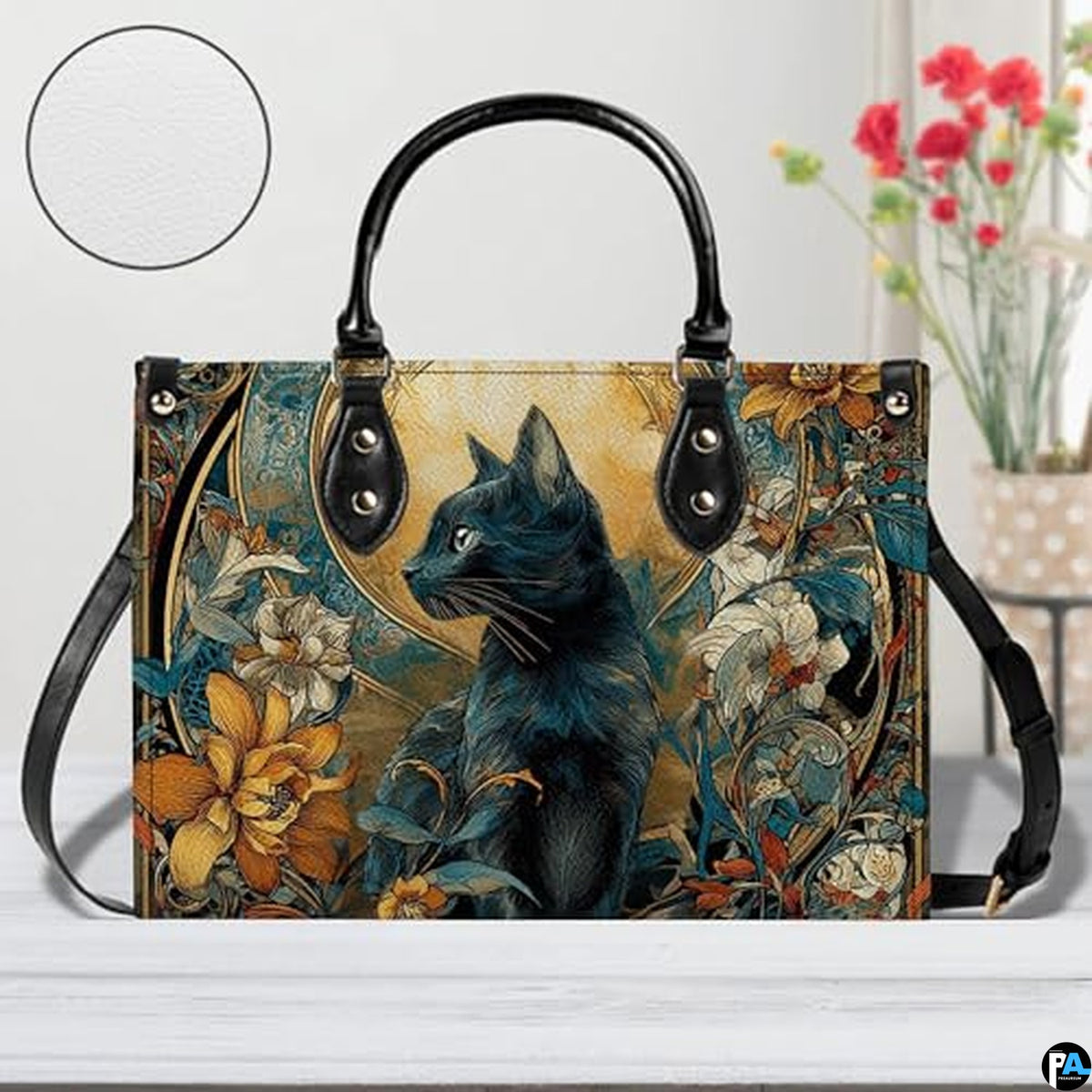 Black Cat Leather Bag – Vintage Cat Art Handbag, Stylish Animal-Themed Purse, Unique Gift for Cat Lovers