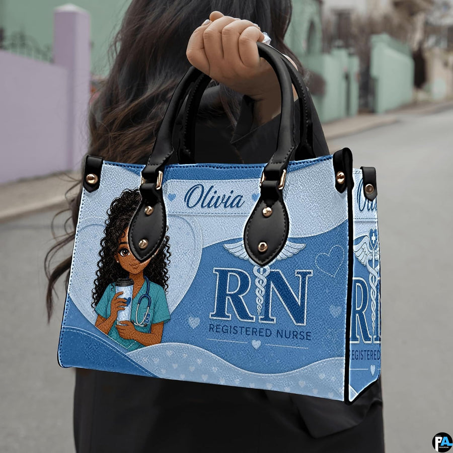Outdoor pedestrian holding an accessory presenting blue nurse character art during a daytime walk.
