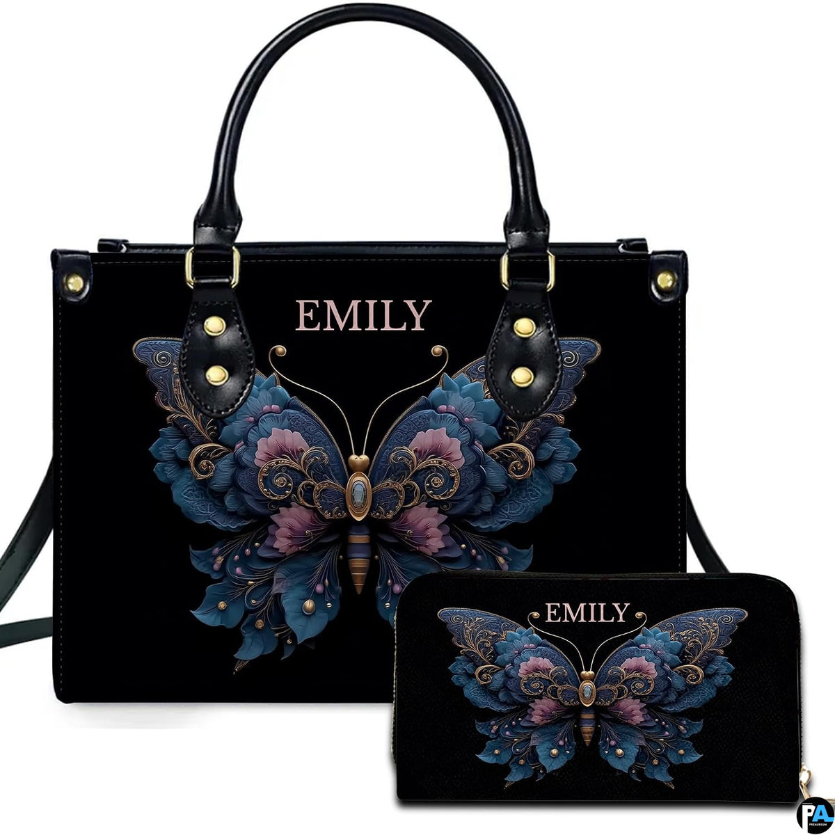 Front view of ornate floral butterfly handbag with matching zip wallet on solid black backdrop