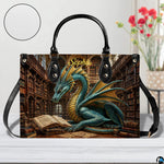 Top-down view of scholar dragon handbag showing full-length zipper closure opening
