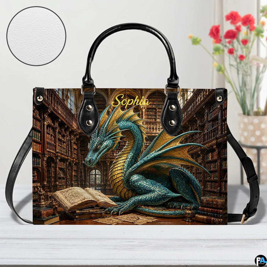 Top-down view of scholar dragon handbag showing full-length zipper closure opening