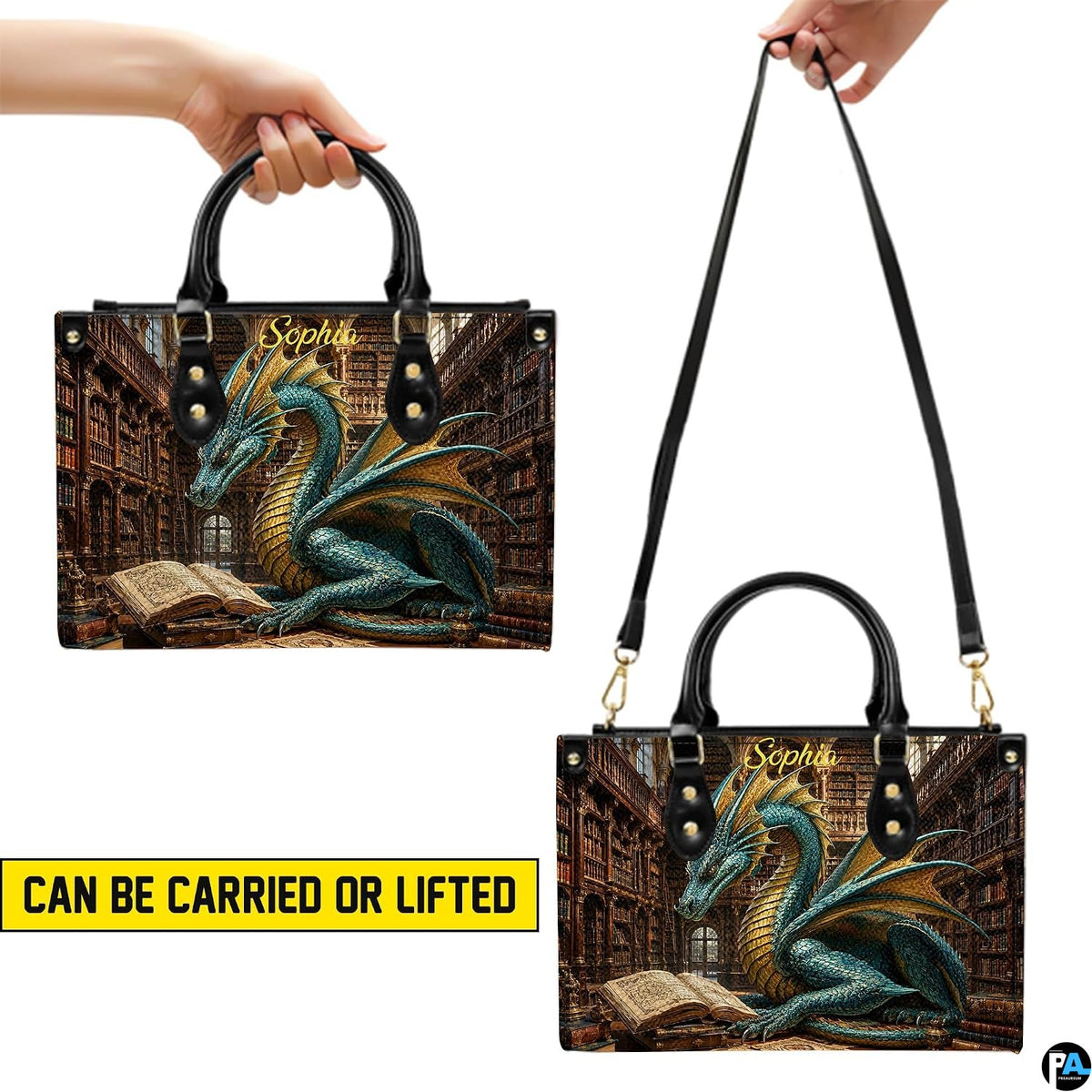 Bottom view of library dragon handbag showing protective gold base hardware