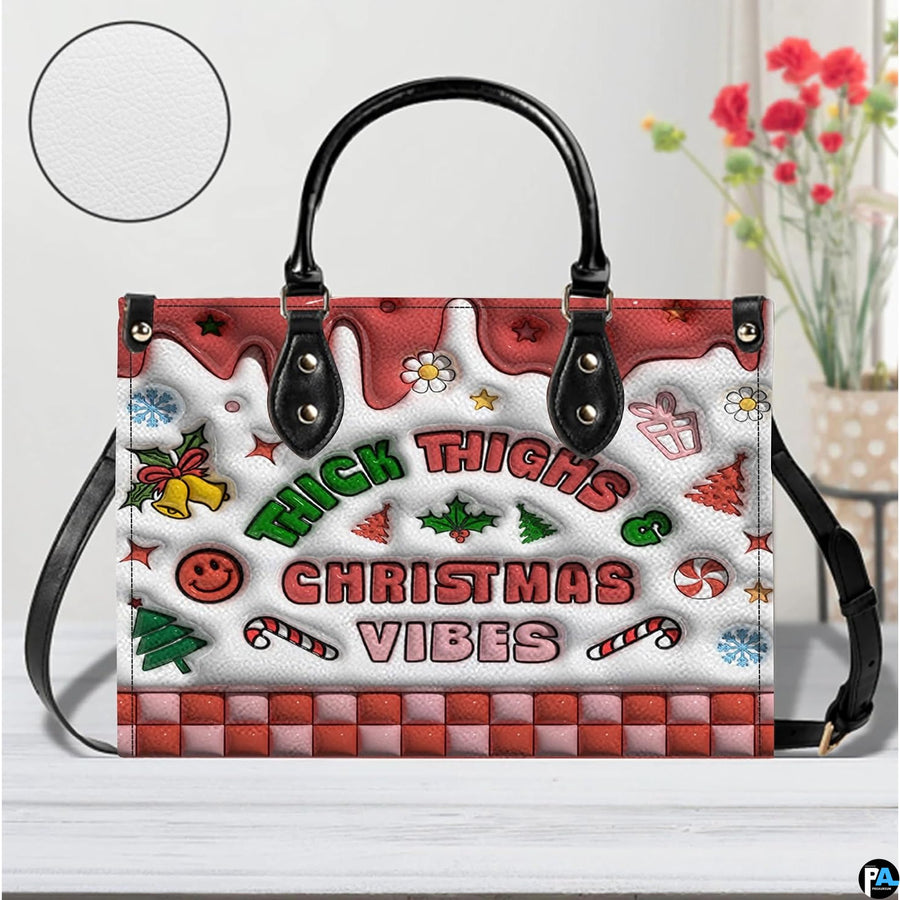 Festive holiday handbag shown against a floral background with circular texture detail inset.