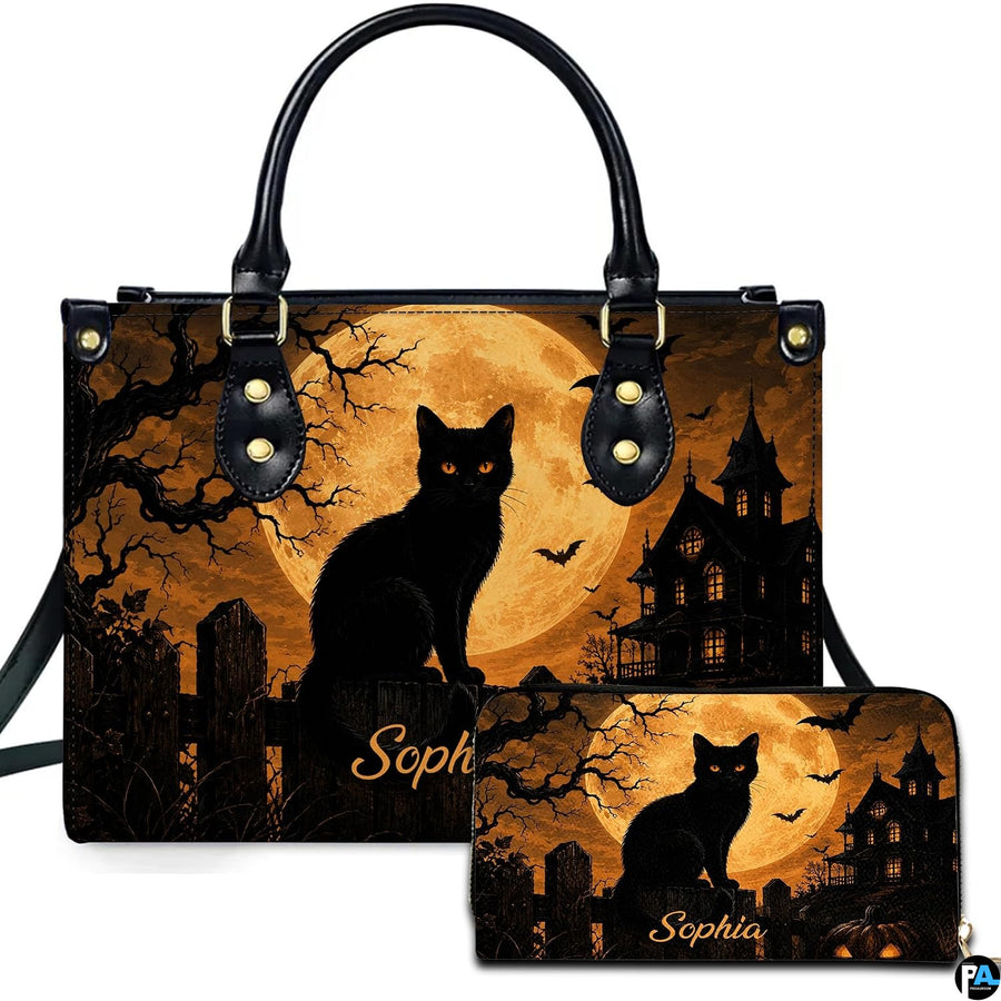 Black Cat Leather Bag – Vintage Cat Art Handbag, Stylish Animal-Themed Purse, Unique Gift for Cat Lovers