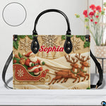 Front perspective of carved Santa handbag in room setting showing textured surface grain