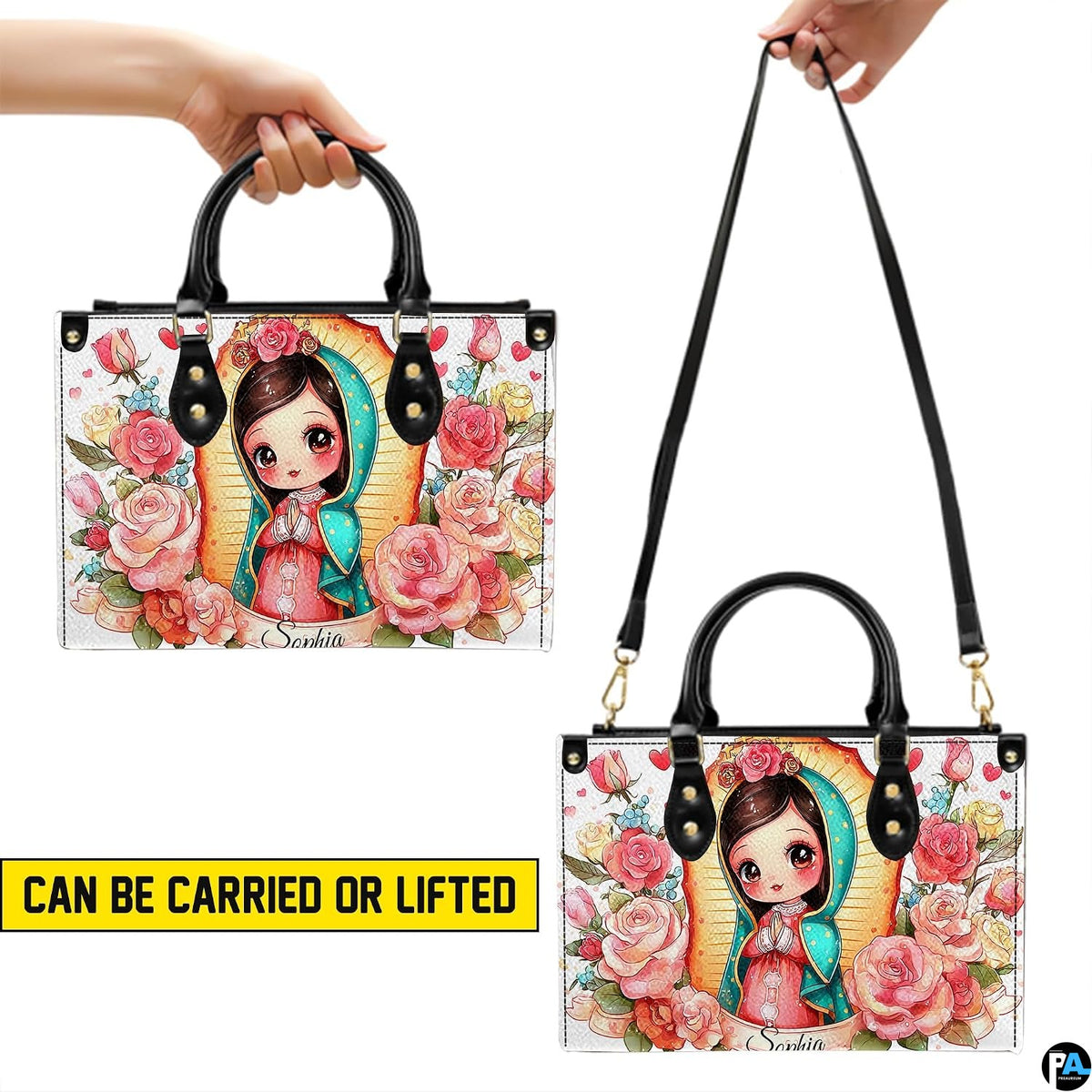 Carrying versatility display of chibi Guadalupe handbag showing handheld and shoulder strap modes.