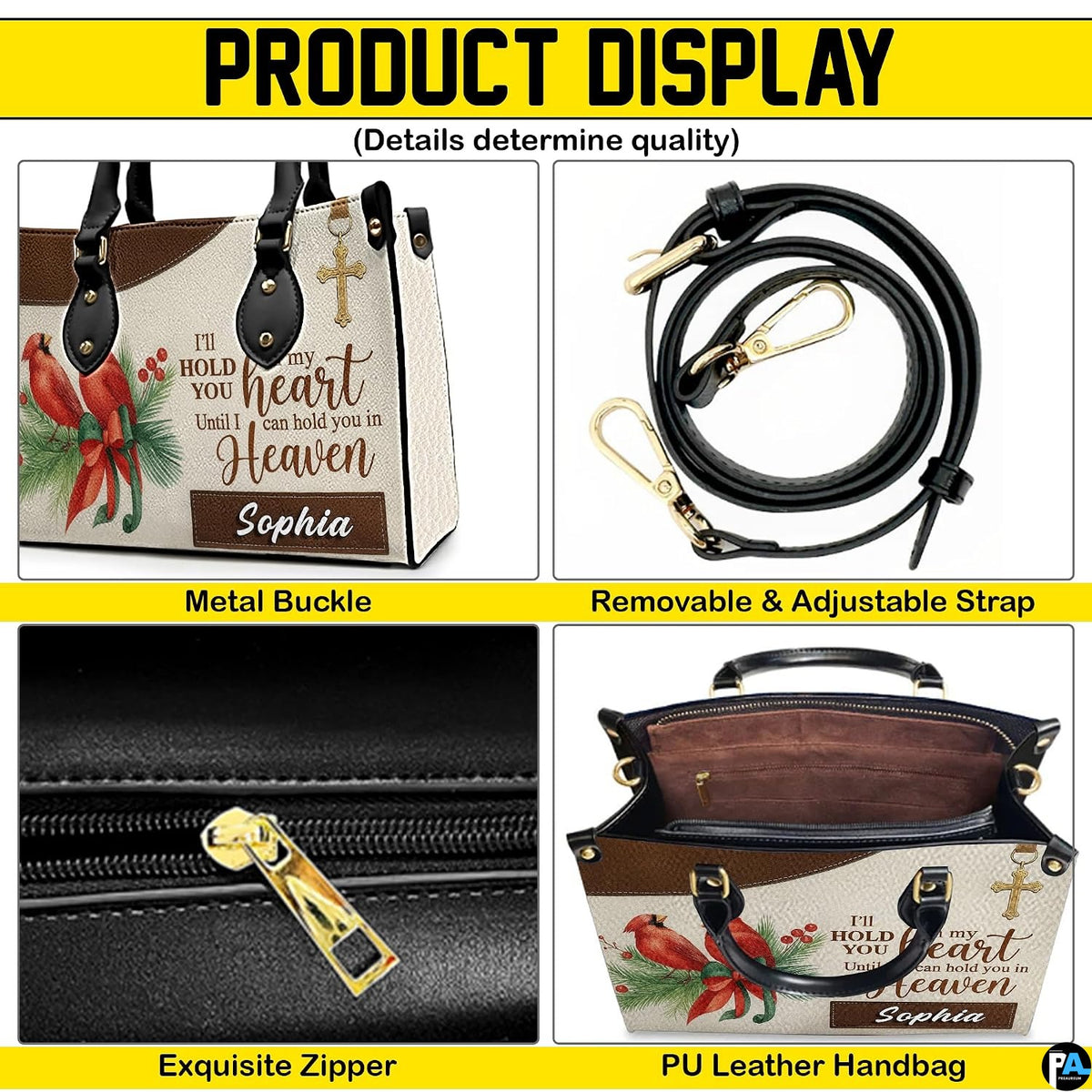 Detailed view presenting golden metallic clasps, secure attachments, and sliding fasteners.