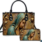 Front view of religious handbag featuring sculpted bas-relief Virgin Mary in starry turquoise veil with gold roses