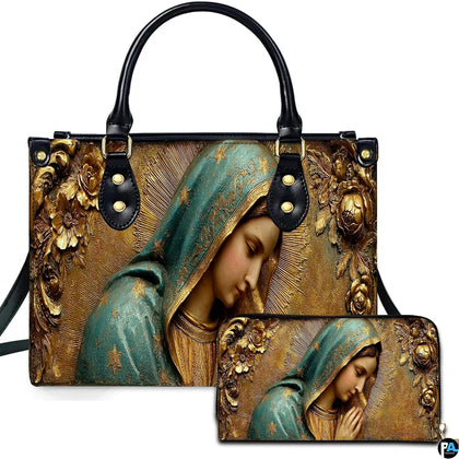 Front view of religious handbag featuring sculpted bas-relief Virgin Mary in starry turquoise veil with gold roses