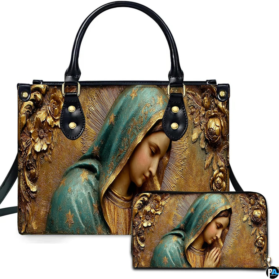 Front view of religious handbag featuring sculpted bas-relief Virgin Mary in starry turquoise veil with gold roses