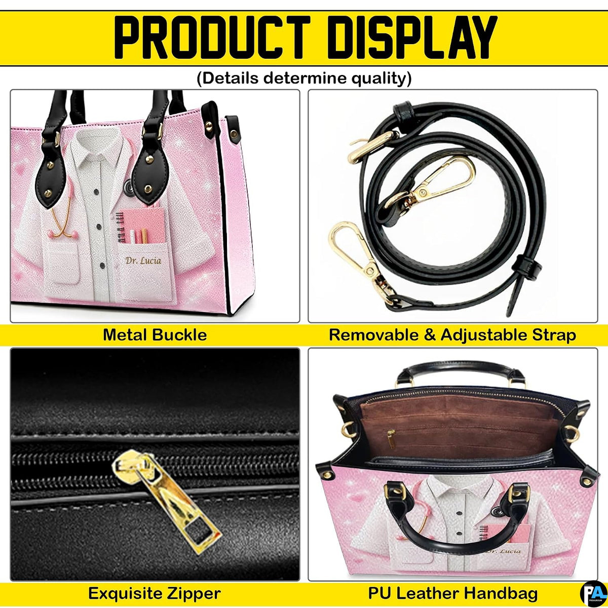 Product display collage showcasing pink doctor handbag exterior and interior views